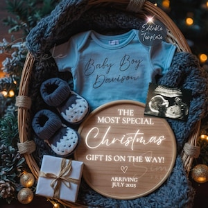 Christmas Baby Boy Announcement Digital, Blue Christmas Pregnancy Announcement, Editable December Social Media Reveal, It&#39;s a Boy Template