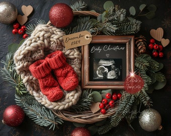 May include: A Christmas-themed baby announcement featuring a red and white knitted baby bootie, a framed ultrasound image, and a tag that reads "December 2024" and "Baby Christmas".