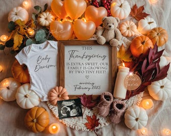 Simple Thanksgiving Pregnancy Announcement Digital, Fall Gender Neutral Baby Announcement, EDITABLE November Social Media Reveal, Balloons