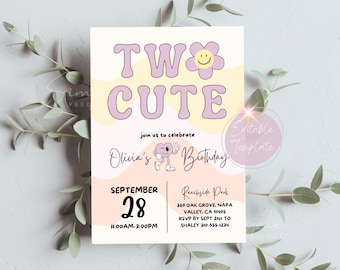 EDITABLE Two Cute Birthday Invitation, Girl 2nd Birthday Invite, Retro Birthday, Girl Second Bday Two Cute party, Printable Instant Download