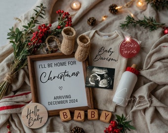 EDITABLE Christmas Pregnancy Announcement, Digital Christmas Baby Reveal, Simple Minimalist Gender Neutral, Magical December Reveal Template