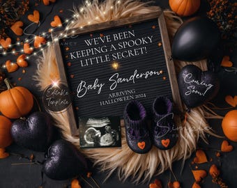 May include: A Halloween-themed pregnancy announcement with a black letter board that reads "We've been keeping a spooky little secret! Baby Sanderson arriving Halloween 2024". There are black and orange decorations, a black balloon that says "Coming Soon!" and a pair of tiny black booties with orange hearts.