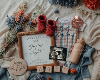 Simple July 4th Pregnancy Announcement Digital, Gender Neutral Baby Announcement, Editable July Template, Minimalist Social Media Reveal