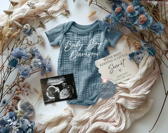 EDITABLE Simple Boy Pregnancy Announcement, Blue Boy Gender Reveal, Boho Summer Baby Boy Announcement, Digital Little Brother Announcement