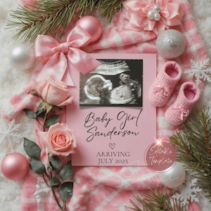 Christmas Baby Girl Announcement Digital, Simple Pink Christmas Pregnancy Announcment, Editable December Gender Reveal, It&#39;s a Girl Template