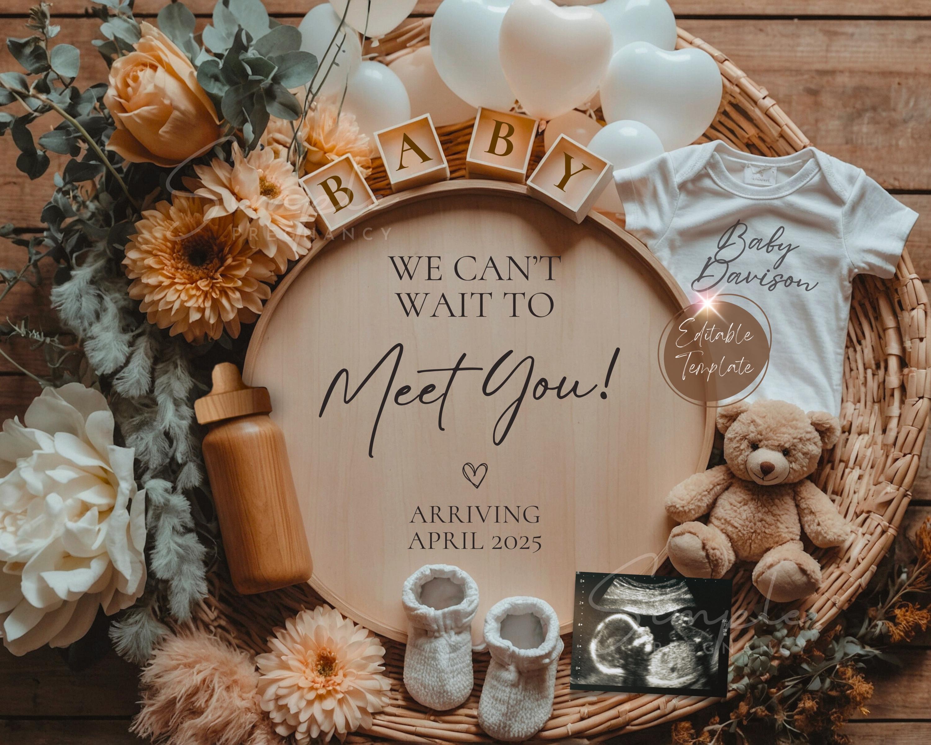 Simple Minimalist Pregnancy Announcement Digital, Gender Neutral Boho Baby Announcement, Floral Editable Social Media Baby Reveal Template