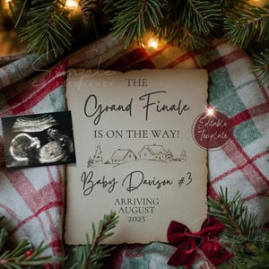 Grote finale kerstzwangerschapsaankondiging, digitale laatste babyonthulling, eenvoudige genderneutrale kaart, bewerkbare december baby onthullingssjabloon