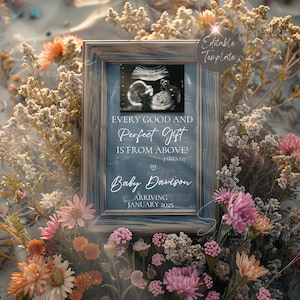 Einfache religiöse Schwangerschaftsankündigung Digital, Gender Neutral Boho Baby Reveal, gutes und perfektes Geschenk, bearbeitbare Vorlage, Schrift Baby