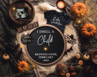 May include: A black letter board with the text "I smell a child brewing until February 2025".  The board is surrounded by pumpkins, a baby onesie that says "Baby Sanderson", and a framed ultrasound image.