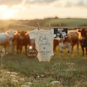 Annuncio di gravidanza di mucca semplice digitale, annuncio di bambino neutro rispetto al genere minimalista occidentale, modello modificabile di rivelazione di bambino in fattoria di campagna