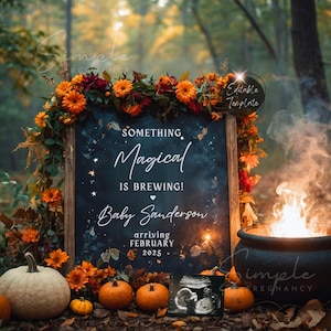 Pode incluir: Um letreiro de quadro-negro com o texto "Something Magical is Brewing! Baby Sanderson arriving February 2025" rodeado de folhagem de outono e um caldeirão com fumaça e chamas.