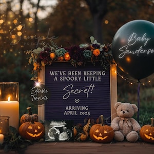 Annuncio di gravidanza magico di Halloween, annuncio di nascita di un bambino di ottobre da strega, rivelazione di un bambino di genere neutro digitale MODIFICABILE, preparazione del calderone