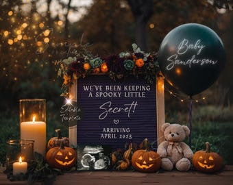 Magiskt Halloween-graviditetsmeddelande, häxigt oktober-bebismeddelande, digitalt redigerbart könsneutralt babyavslöjande, Cauldron Brewing