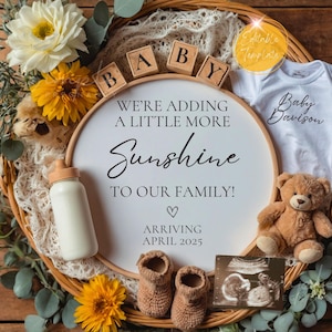Simple Sunshine Pregnancy Announcement, Gender Neutral Boho Baby Announcement, Minimalist Editable Template, Sunflower Digital Baby Reveal