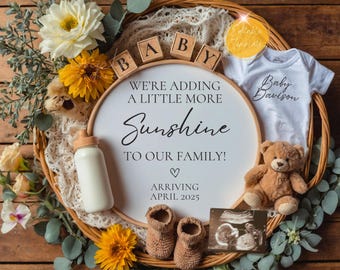 Simple Sunshine Pregnancy Announcement, Gender Neutral Boho Baby Announcement, Minimalist Editable Template, Sunflower Digital Baby Reveal