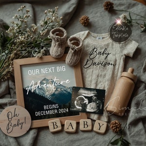 Adventure Pregnancy Announcement Digital, Gender Neutral Boho Baby Announcement, EDITABLE Mountain Pregnancy Reveal, Hiking Baby Template