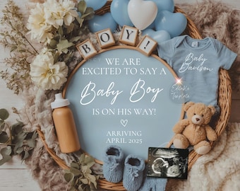 May include: A blue and white baby shower announcement with the text "We are excited to say a Baby Boy is on his way! Arriving April 2025". The announcement is decorated with blue and white balloons, a baby onesie, a teddy bear, and a baby bottle.