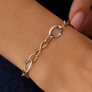 14K Gold Two Tone Link Bracelet Yellow And White Gold Modern Chain Design Minimal Elegant Jewelry For Everyday Wear Or Gift For Her