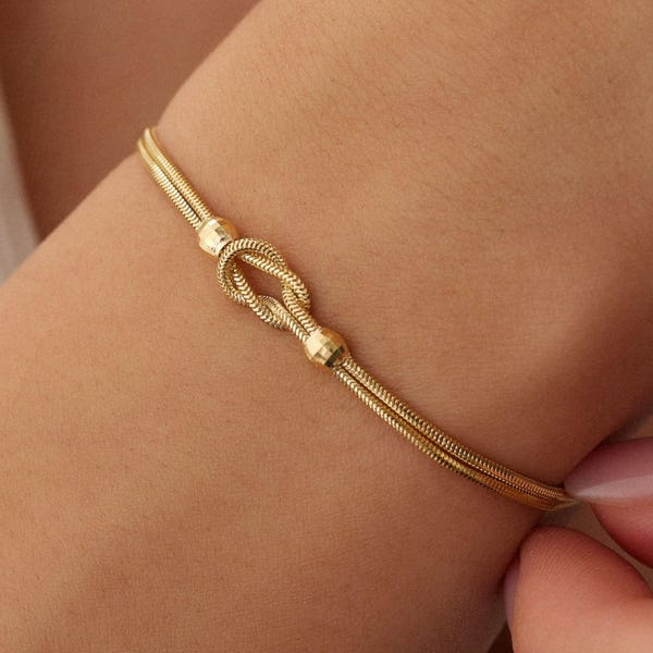 Bracelet nœud en or massif 14 carats | Chaîne fine en corde, bijou minimaliste pour tous les jours