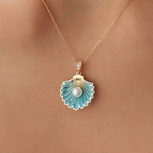 14K Gold Seashell Necklace Blue Enamel Pendant With Pearl Ocean Inspired Jewelry