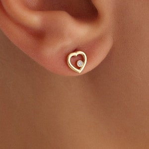 14K Gold Heart Stud Earrings: Dainty Minimalist Jewelry