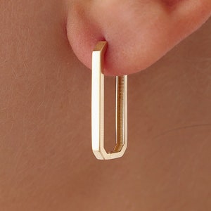 14K Solid Gold Paperclip Earrings: Minimalist Dangle Hoops