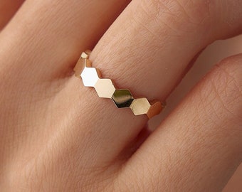 14K Gold Honeycomb Ring: Geometric Stacking Ring