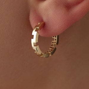 14K Gold Greek Key Hoop Earrings: Meander Design