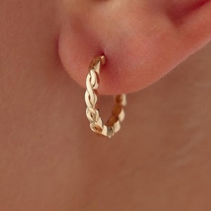 14K Gold Braided Hoop Earrings: Small Huggie Style