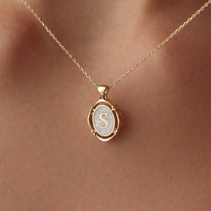 Gold Oval Initial Necklace 14k Gold Letter Pendant Textured Monogram Charm Dainty Everyday Jewelry Gift for Her