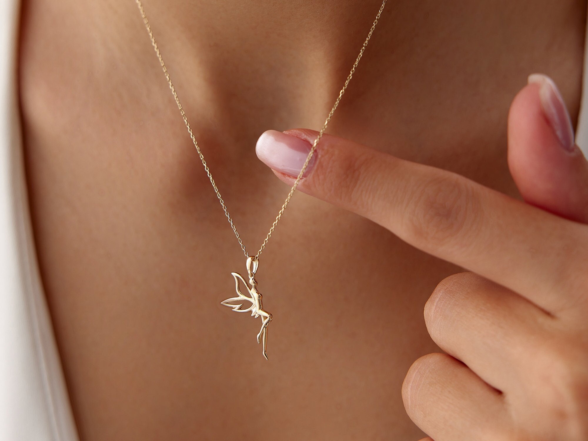 Fairy Necklace Gold Tinkerbell Pendant Minimalist Fairy Jewelry Delicate Gold Necklace Gift for Her