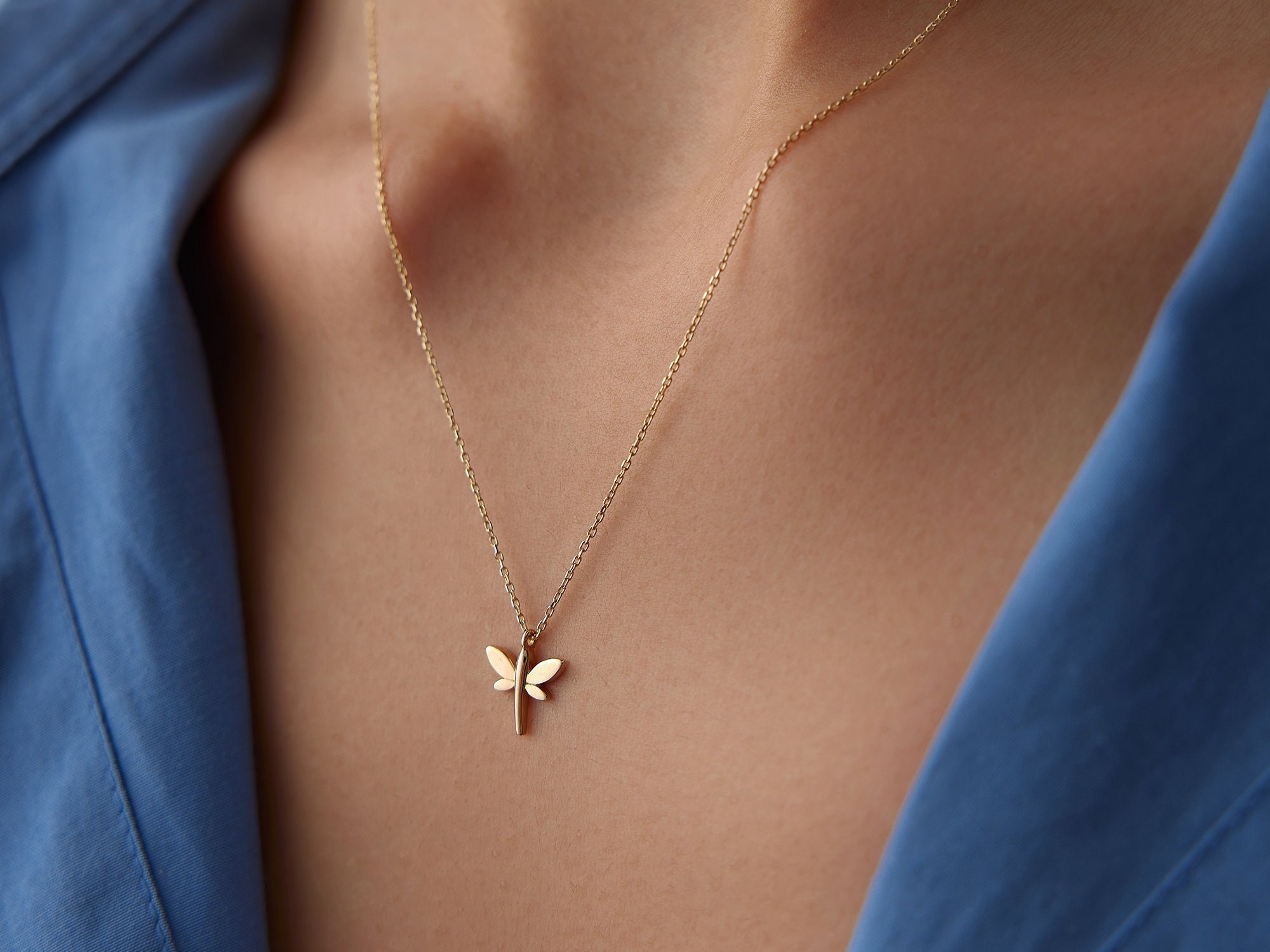 14K Gold Dragonfly Necklace by Yunka Jewelry, Dragonfly Necklace for Women, 14K Gold Necklace for Women, 14K Gold Jewelry for Her Necklace
