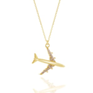 14K Solid Gold Airplane Necklace: CZ Travel Charm, Wanderlust Jewelry
