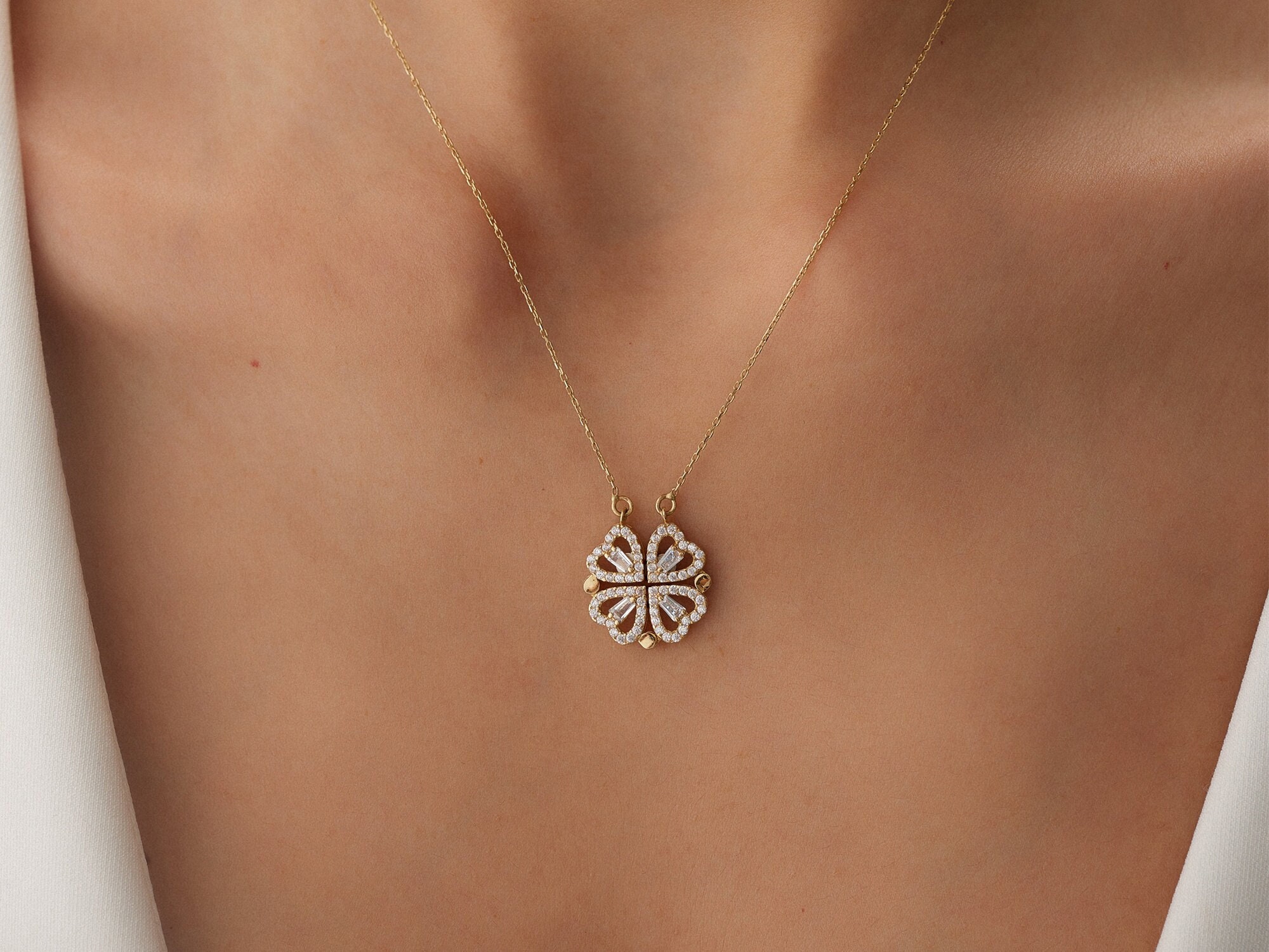 14K Gold Clover and Heart Necklace by Yunka Jewelry, Clover Heart Necklace for Women, 14K Gold Necklace for Women, 14K Gold Jewelry Necklace