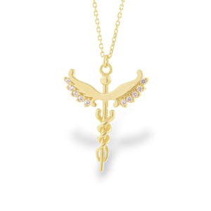 Gold Caduceus Necklace Medical Symbol Pendant 14k Gold Doctor Gift for Her Graduation Jewelry for Healthcare Workers