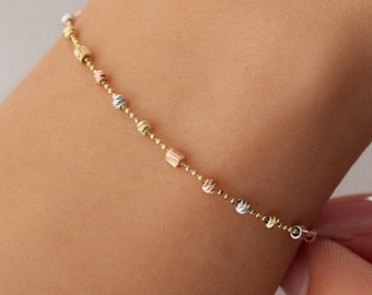 Pulsera de oro macizo de 14 quilates con cuentas: Joyería delicada de tonos combinados