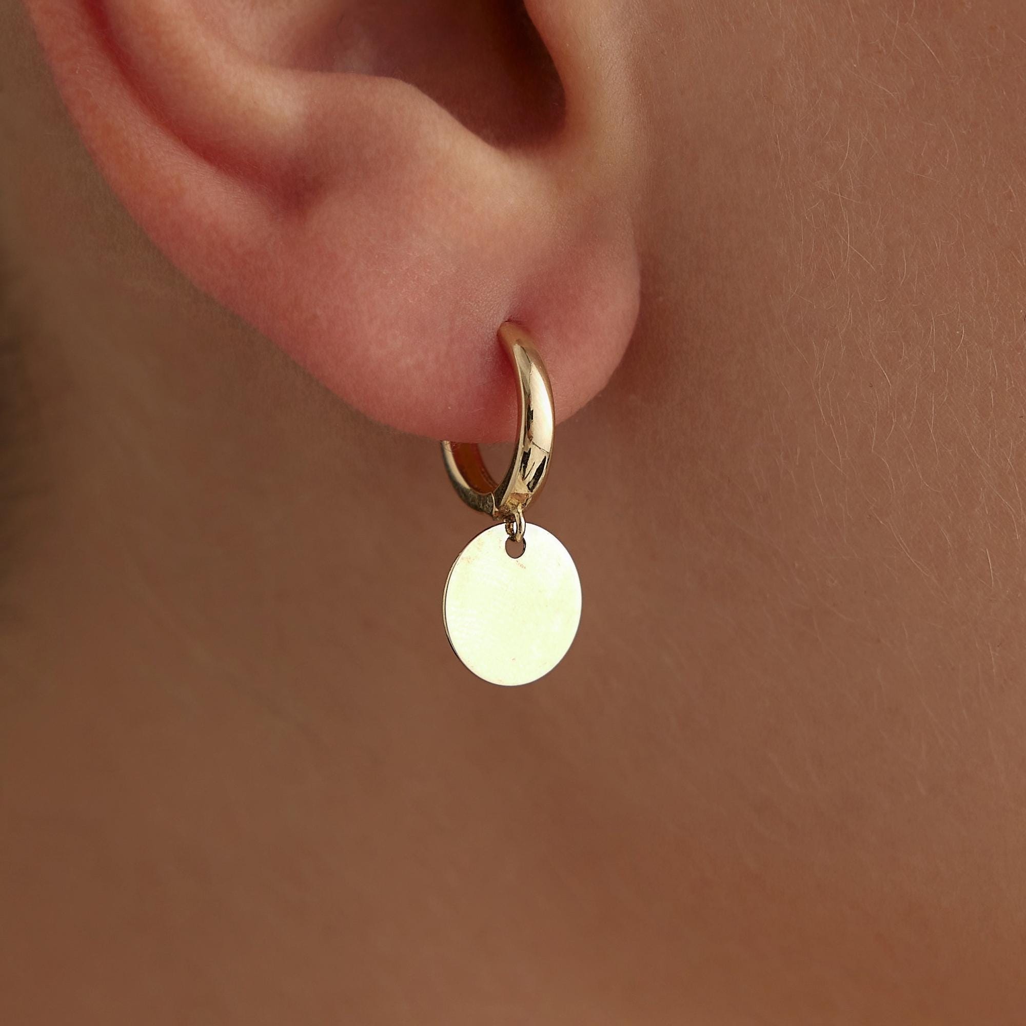 14K Solid Gold Disc Drop Hoop Earrings: Dainty Minimalist Jewelry