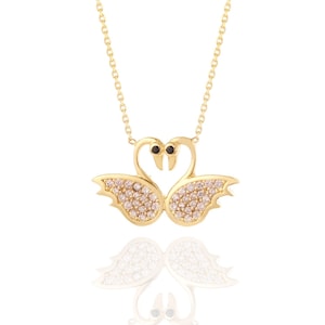 14k Gold Swan Couple Necklace: Romantic Heart Pendant