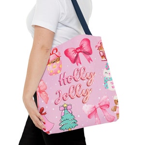 Holly Jolly Holiday Pink Bow Tote Bag, Cute Christmas Gift, Festive Shopping Bag, Cheerful Santa Bag, Stylish Winter Accessory