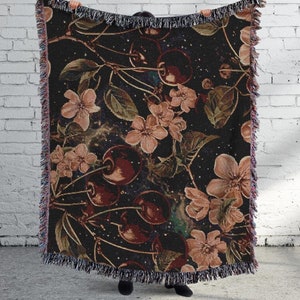 Cherry Blossom Woven Blanket: 100% Cotton Throw with Fringe