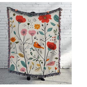 Botanical Woven Cotton Blanket: Floral Fringed Throw