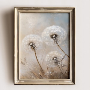 Dandelion Wall Print, Mimimalist Dandelion Wall Art, Dandelion Field Landscape Oil Painting, Wildflower Wall Poster, Rustic Farmhouse Print