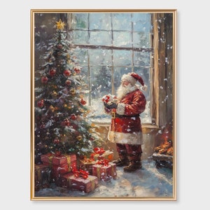 Santa Decorating Christmas Tree Print, Christmas Wall Art, Vintage Santa Claus Poster, Christmas Wall Print, Farmhouse Christmas Decor,