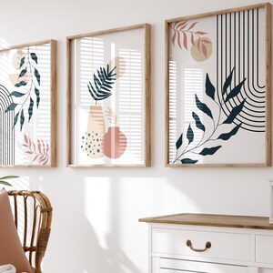 Juego de 3 impresiones botánicas, arte de pared bohemio, arte lineal de flores, póster de jarrón bohemio, flores en jarrón, arte de pared botánico, arte imprimible minimalista.