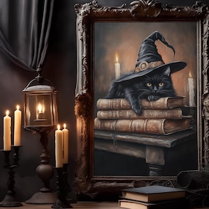 Impresión de gato negro de Halloween, impresión de gato negro con sombrero de bruja, arte descargable de Halloween, decoración de pared de bruja, pintura de gato negro, decoración gótica