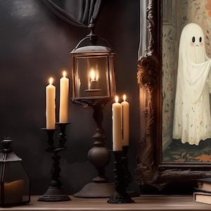 Duch i czarny kot w łazience plakat, Dark Academia, wydruk do łazienki, wydruki na Halloween, malarstwo gotyckie, kapryśny duch, upiorna sztuka ścienna