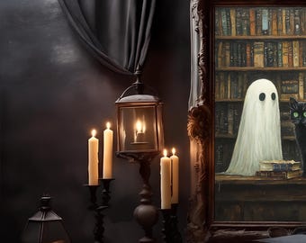 Impresiones de fantasmas en una biblioteca, impresión de fantasmas y gatos leyendo, póster vintage, arte de pintura gótica, impresión de Dark Academia, arte mural espeluznante, digital