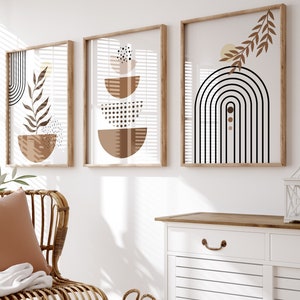 Boho Abstract Leaf Art, Geometric Neutral Brown Beige Decor, Boho Wall Decor, Printables Set Of 3, Modern Mid Century Digital Download,