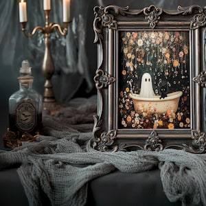 Duch i kot w wannie, wydruk na ścianę do druku na Halloween, wydruk na wannie z duchem, wydruki na łazienkę na Halloween, sztuka w wannie z bąbelkami, upiorna sztuka ścienna