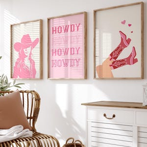 Cowgirl Print Set of 3, Pink Western Dorm Room Decor, Howdy Print, Pink Cowgirl Boots,Preppy Wall Art, Trendy RetroCowgirl Digital Download